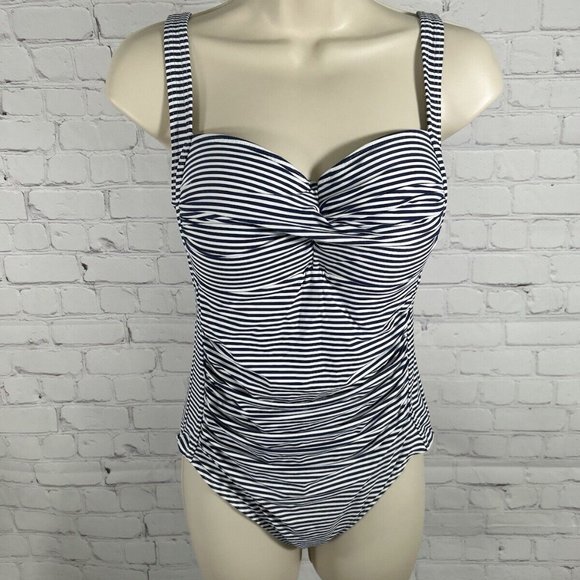 Nip Tuck One Piece Swimsuit Bathing Suit Navy White Stripes Multi Fit Cups US 8 - Picture 1 of 8